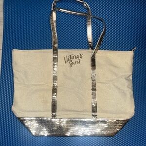 Victorias Secret Gold Cream Ivory Sequined Metallic Weekender Tote bag